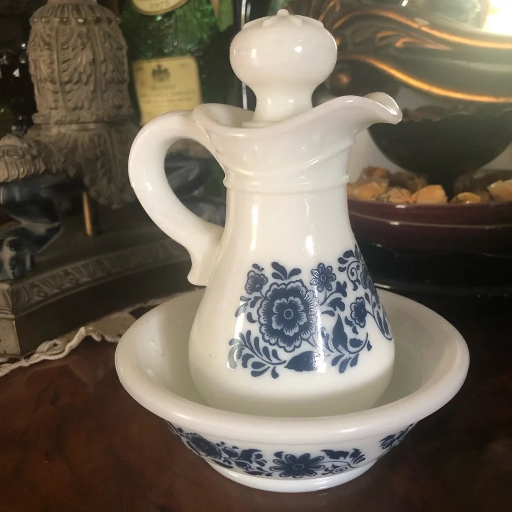 Vintage White & Blue Milk Glass Pitcher & Bowl